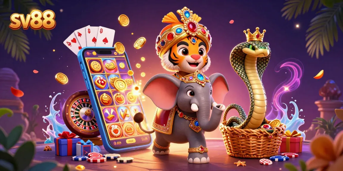 Engage with sv88's vibrant slot games alongside a 3D maharaja tiger and jewel-encrusted elephant.