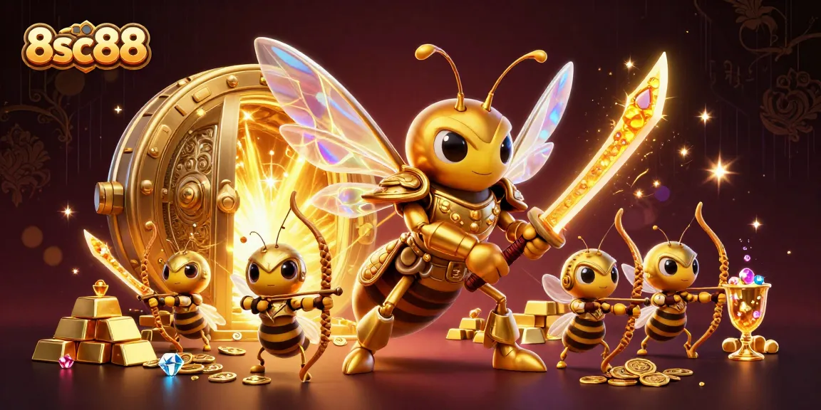 Experience the thrilling world of 8sc88 with a golden hornet samurai leading a treasure-filled casino scene.
