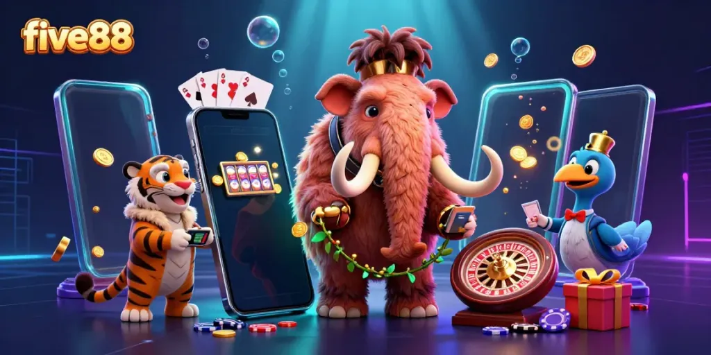 Experience the excitement of five88 with a vibrant casino scene featuring unique animal characters.