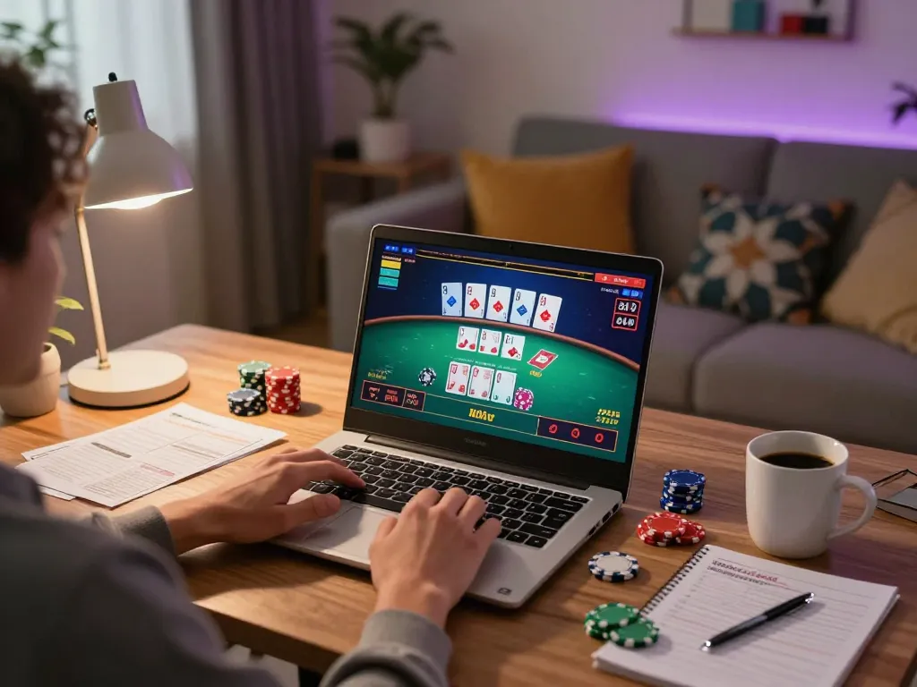 Engaging in an online game of blackjack at home while using the link resmi for secure deposits.