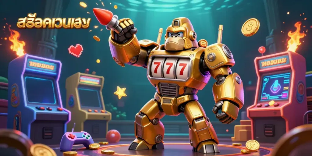 Experience excitement with slot machines and golden gorilla mech in this dynamic scene showcasing สล็อตเว็บตรง action.
