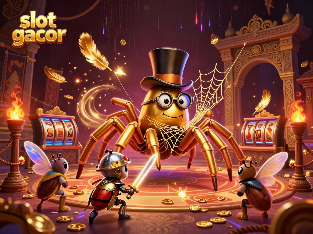 Engage in slot gacor gameplay with a lively scene featuring a golden tarantula and knight amidst casino elements.