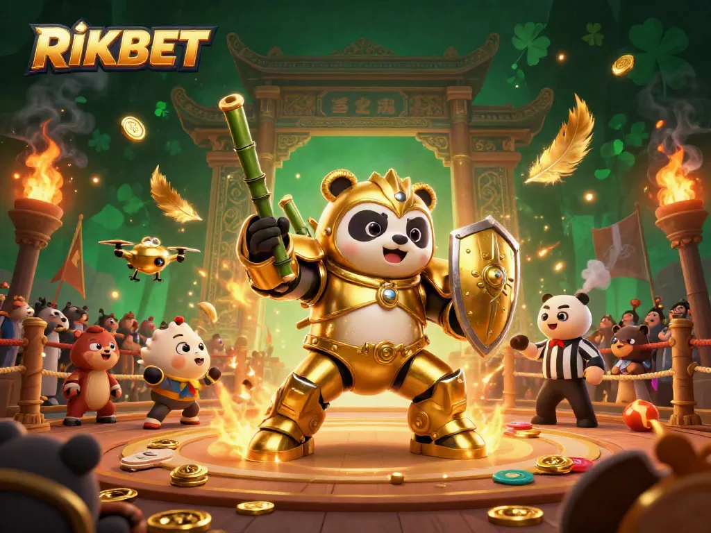 Experience the thrilling world of RIKBET with a vibrant, action-packed illustration featuring a mech-suit panda in a fighting arena.