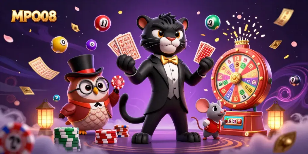 MPO08 showcases a stylish cartoon black panther dealing cards with an owl and lucky mouse in a vibrant casino scene