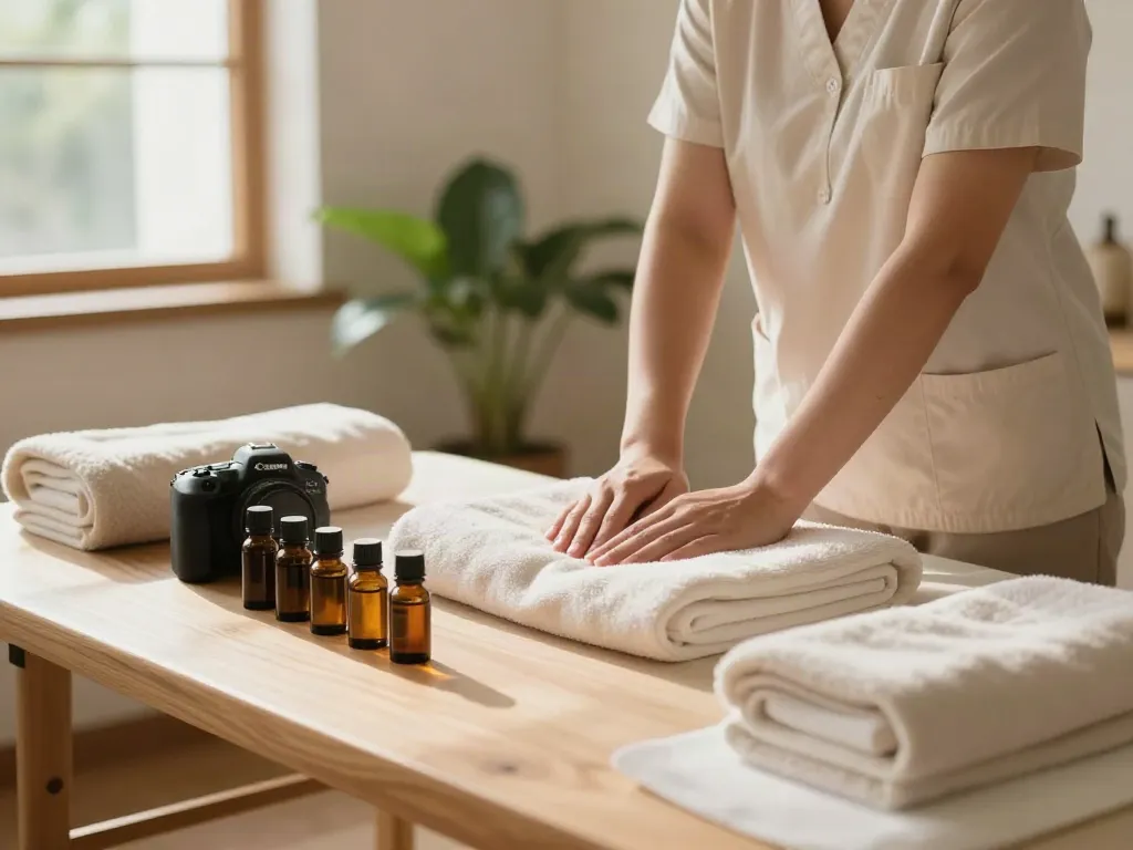 Relaxing home environment showcasing 영등포출장마사지 with aromatherapy setup and tranquil light