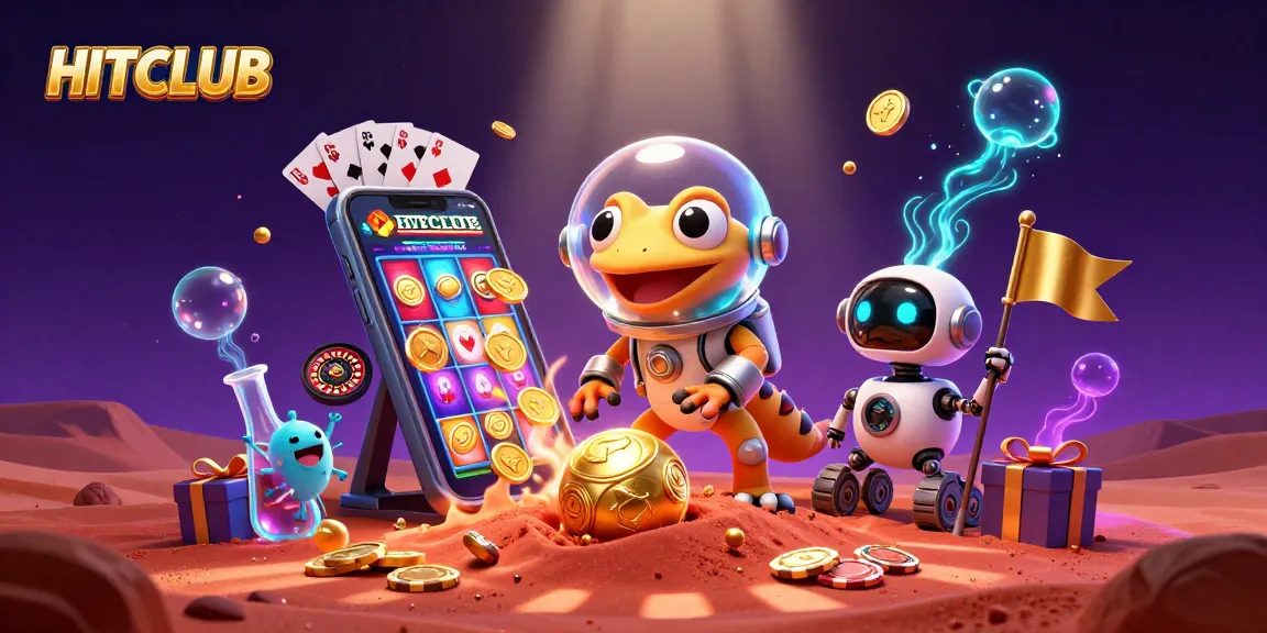Experience the excitement of HITCLUB with a Martian gecko discovering a golden casino in space.