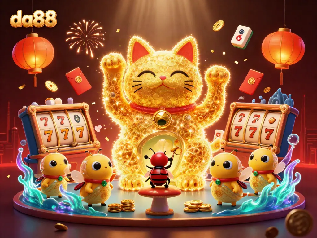 Celebrate wins at da88 with a vibrant lucky cat and casino elements in this lively 3D illustration.