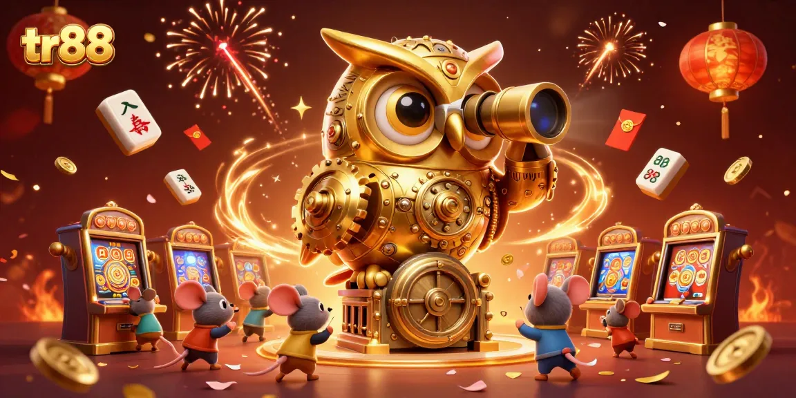 Experience the thrill of tr88 with a golden owl overseeing exciting casino action and vibrant game elements.