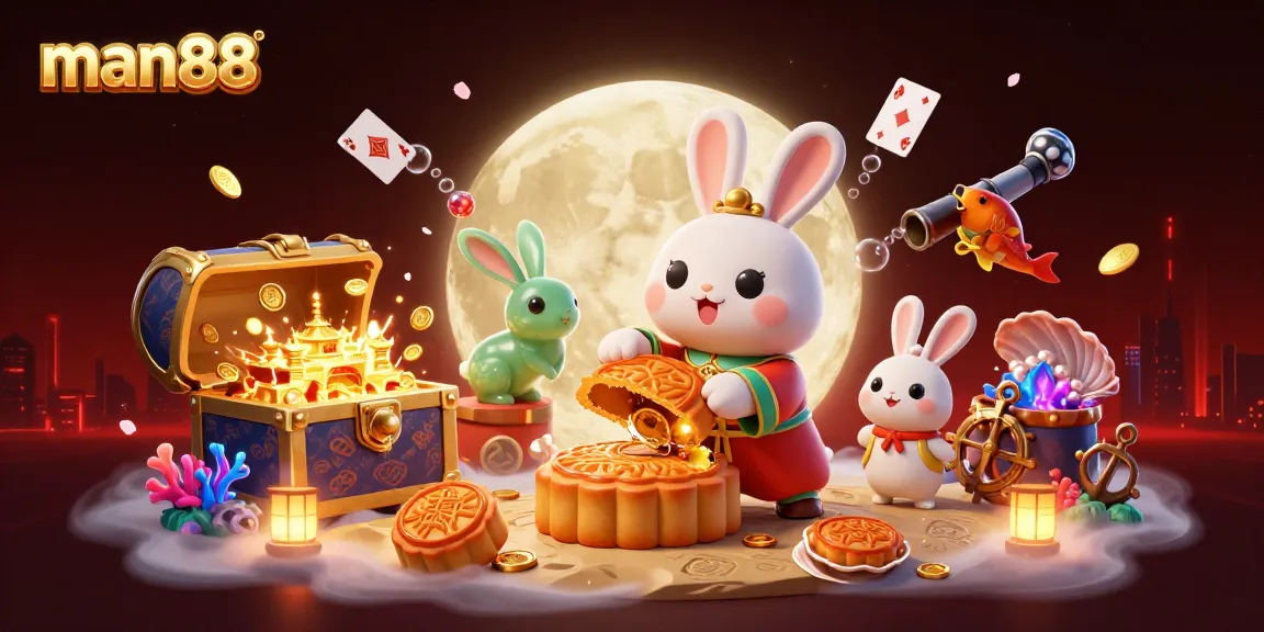 man88 showcases playful moon rabbit gaming on a lunar stage with colorful casino elements.