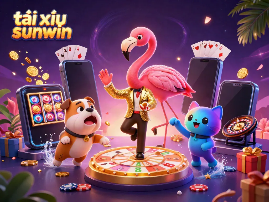 Experience the thrill of tài xỉu sunwin with vibrant 3D characters celebrating big wins amidst casino elements.