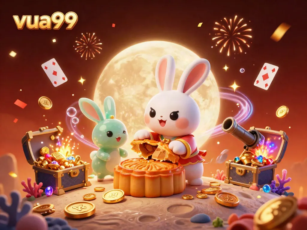 Join the fun with vua99 as the moon rabbit celebrates by revealing poker chips in a festive 3D Casino scene.