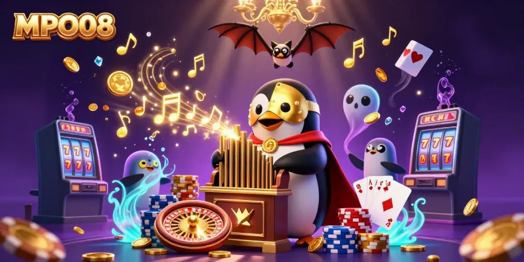Play exciting games on MPO08 with a thrilling 3D illustration of a penguin playing an organ surrounded by casino elements.