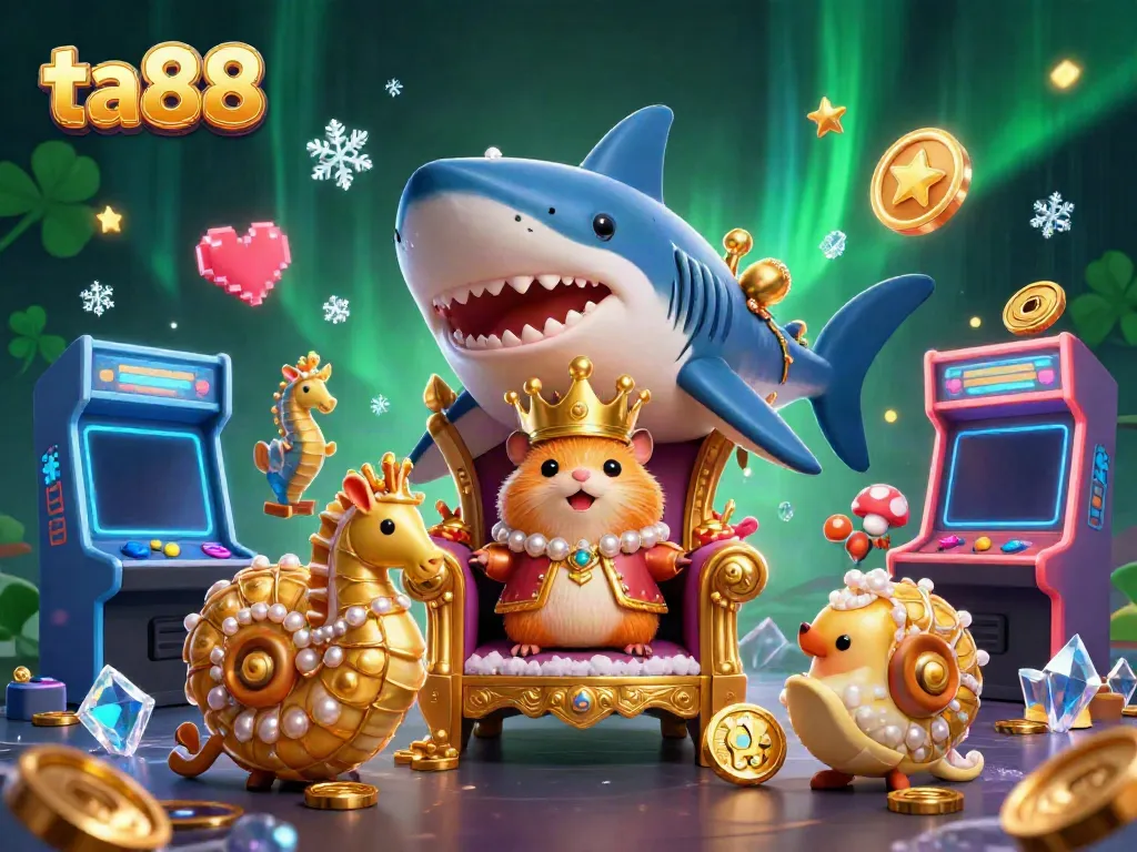 Experience the ta88 thrill with a golden hamster king in a vibrant casino scene filled with arcade machines and seahorse guards.