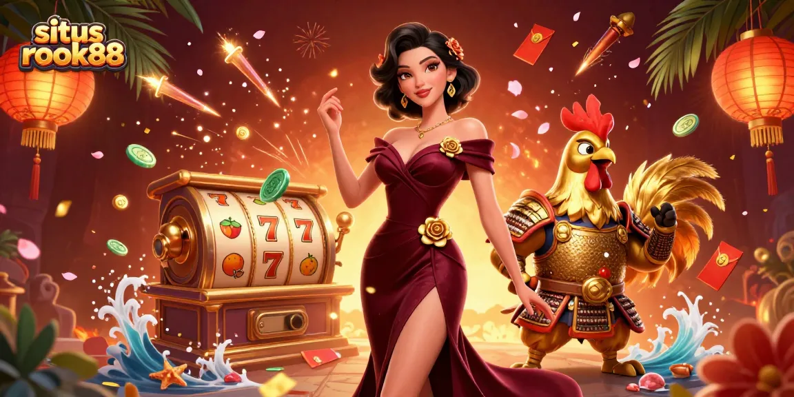 Elevate your experience with situs rokok88, showcasing a glamorous casino scene filled with exciting game elements.
