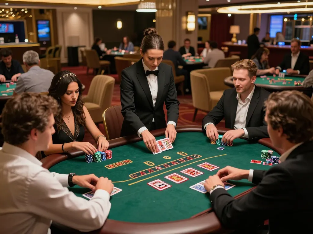 Engaged gamblers at mm88 blackjack table strategizing their next move amidst warm casino ambiance