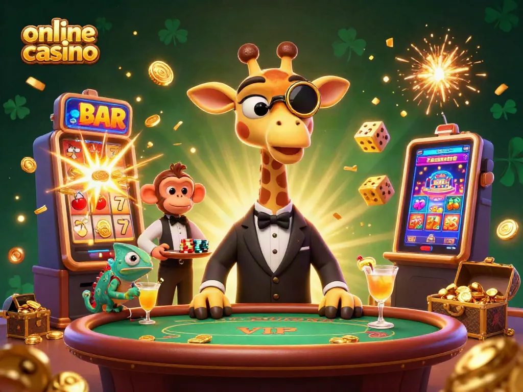 Juega en un emocionante casino en línea con una jirafa en la mesa de póker y un mono valet.