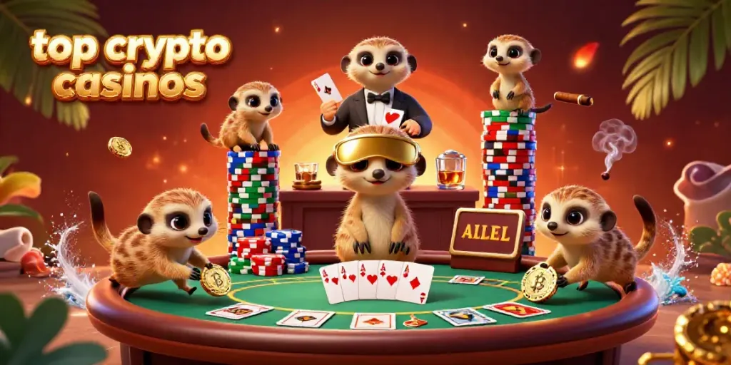 Engaging scene of top crypto casinos with meerkats managing a lively gaming environment, featuring poker elements.