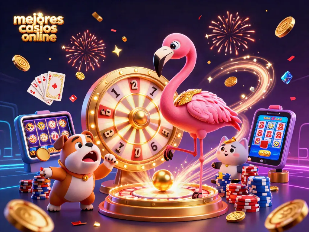Animación destacada de los mejores casinos online con un flamenco en un juego de premios.