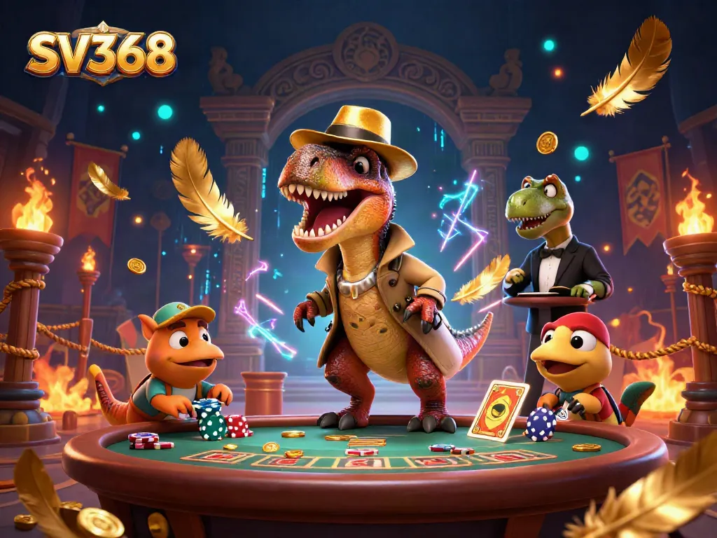 SV368 velociraptor card counting at blackjack table amidst thrilling casino atmosphere