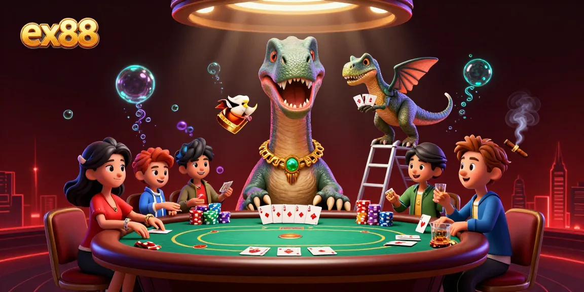 Experience thrilling gameplay at ex88 with a giant brontosaurus overseeing a poker table.