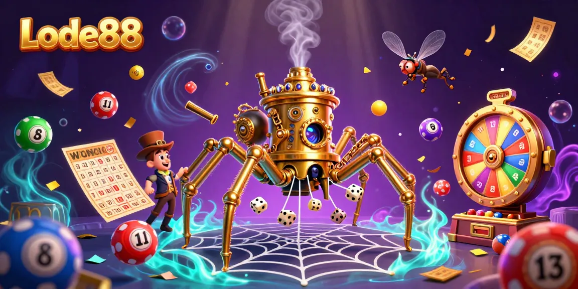 Lode88 captures a lively 3D illustration of a steampunk spider and gentleman amidst vibrant lottery elements.