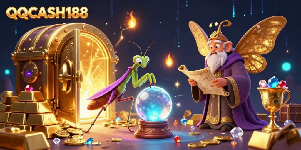 Experience the magic of QQCASH188 with a mystical casino scene featuring vibrant characters and treasures.