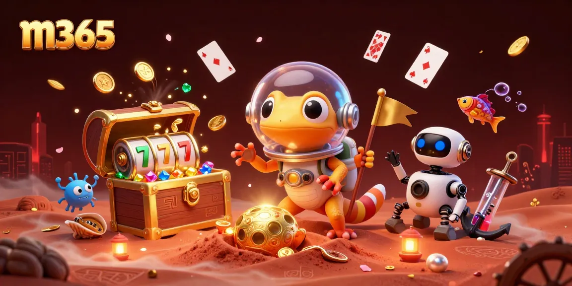 A Martian gecko plays in a golden casino setting, showcasing m365's thrilling gambling experience.