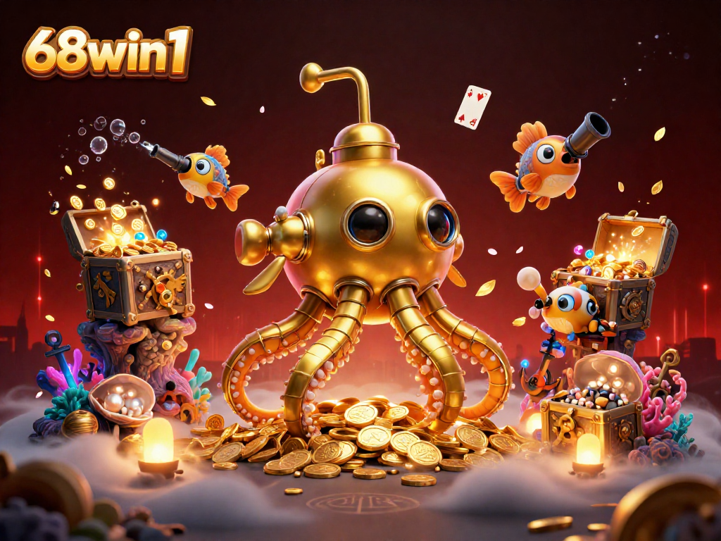 Catch exciting wins at 68win1 with the dynamic kraken submarine and mechanical fish amidst gold and treasures.