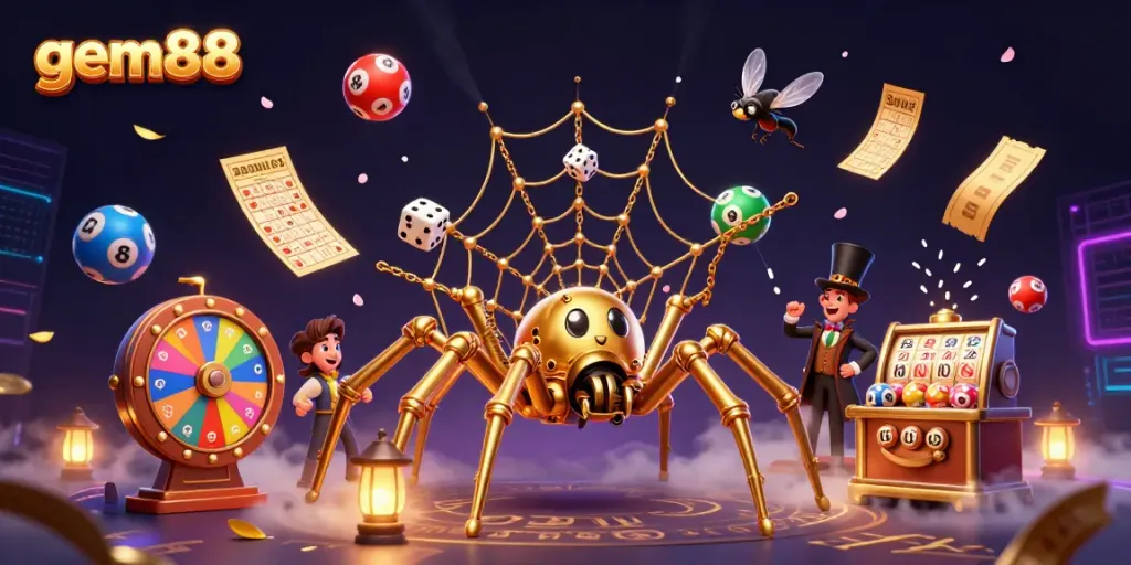 Engage with the dynamic world of gem88 featuring a steampunk spider and vibrant lottery elements.