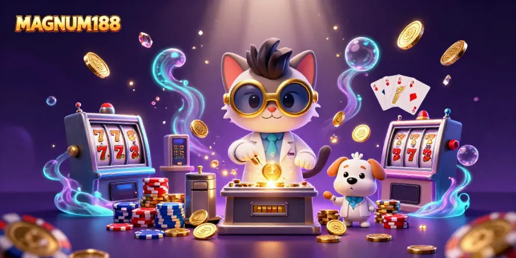 Spin the reels of MAGNUM188, revealing jackpot riches in a lively casino scene.