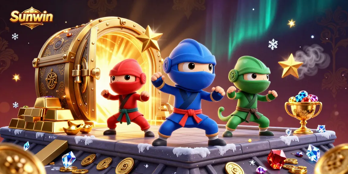 Experience the thrills at Sunwin, with chameleon ninja characters amidst a treasure-filled scene.