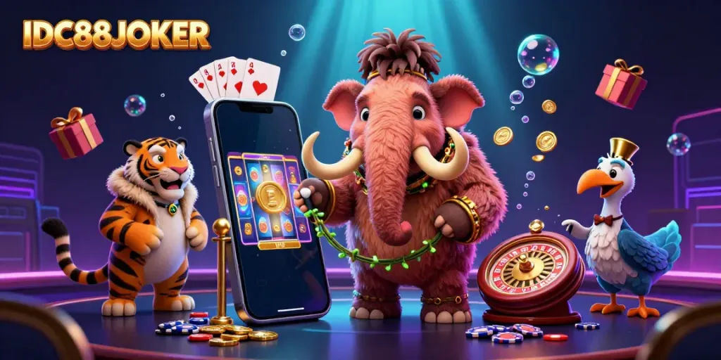 Experience the vibrant scenes of IDC88JOKER with animated characters and casino excitement happening at the entrance.