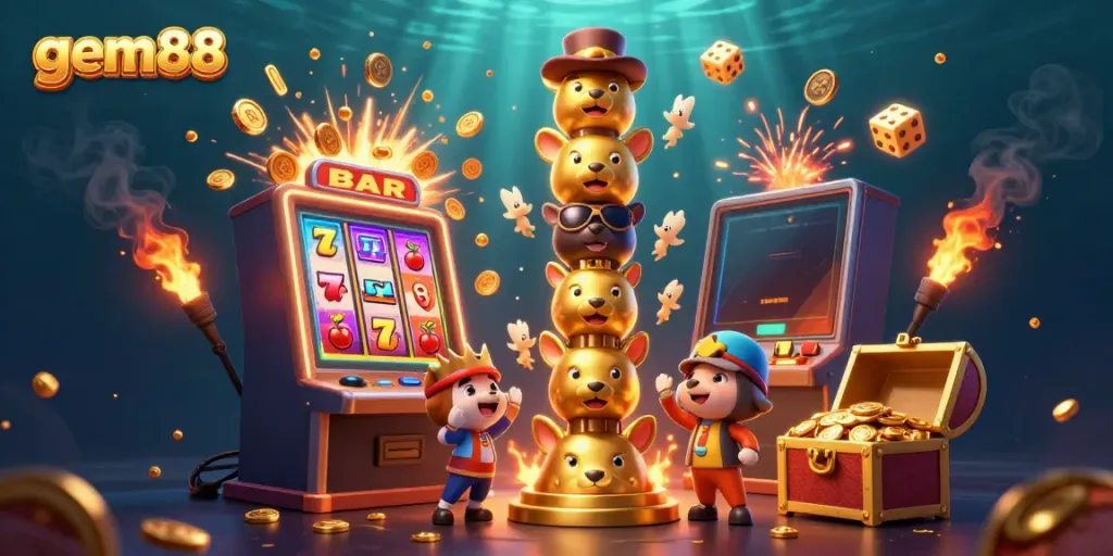 Spin for jackpots with gem88 in a vibrant casino scene featuring a golden totem pole and slot machine.