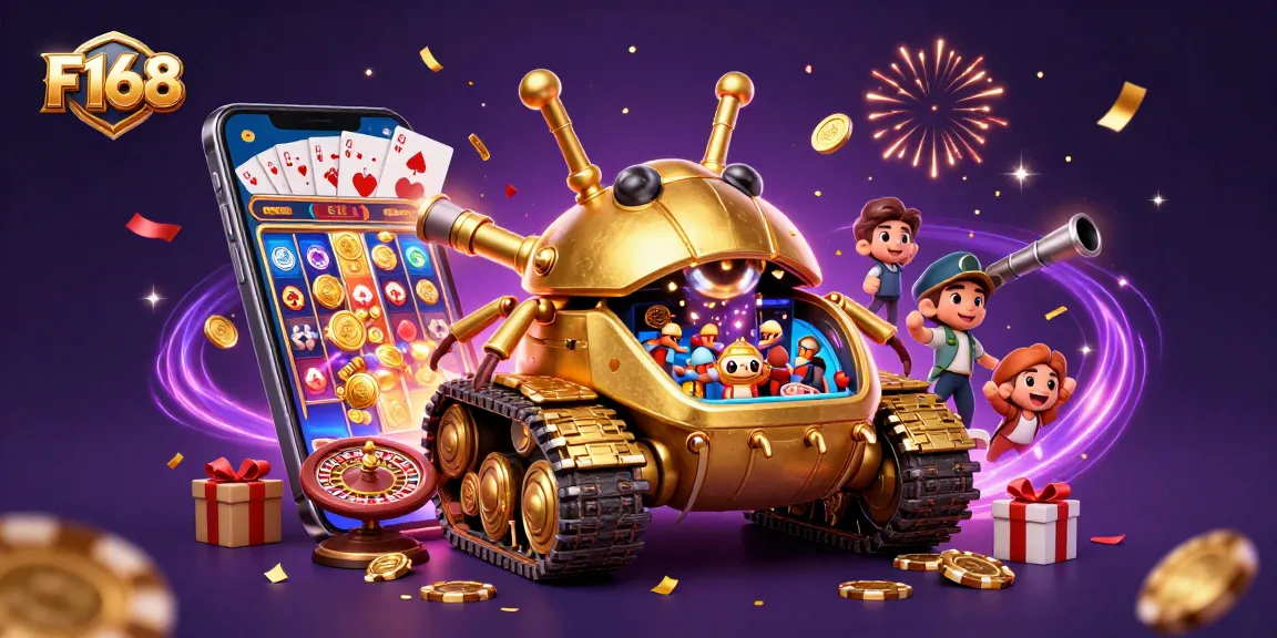 Experience the excitement of F168 with a dynamic casino scene featuring a golden beetle tank and engaging game elements.