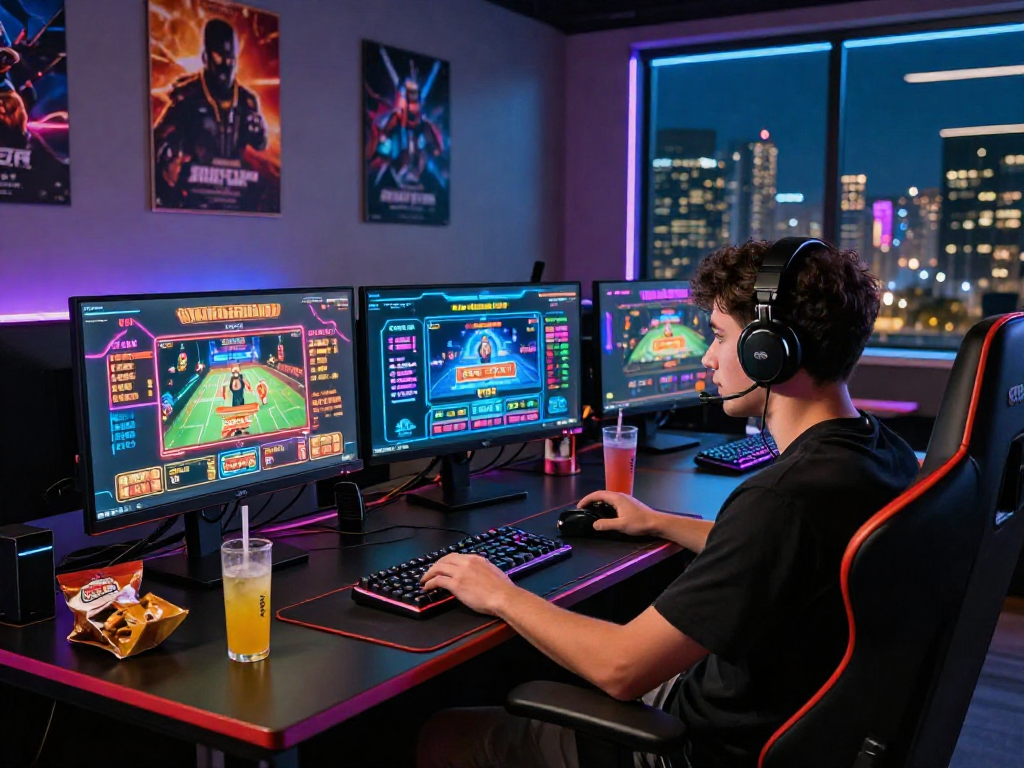 Online gaming setup at http://oxbet-app.com with multiple displays, vibrant games, and an engaging atmosphere.