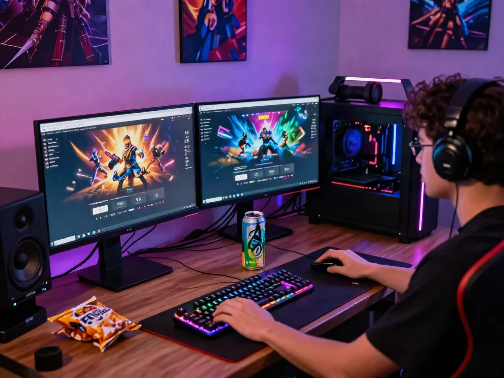 Player on ROKOK88 login page with gaming setup, colorful peripherals, and immersive atmosphere