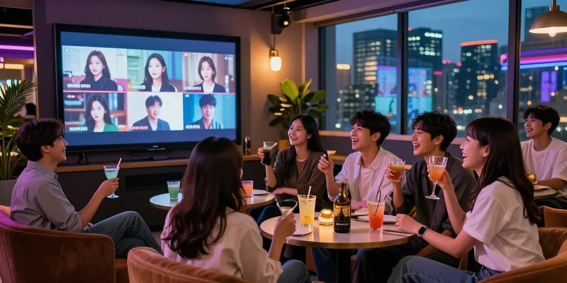 Nonton bokep korea with friends in trendy lounge, vibrant cocktails and laughter.