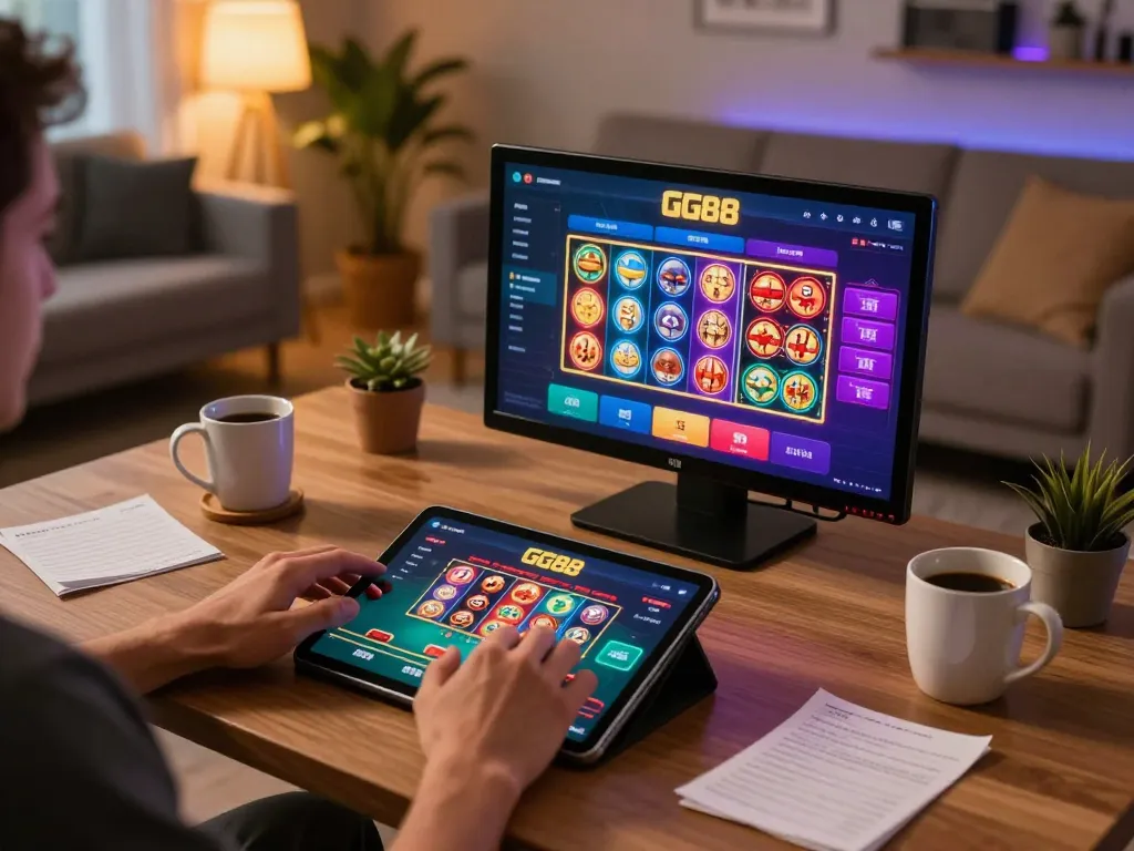 Player exploring various games at GG88 online casino through tablet in cozy home environment
