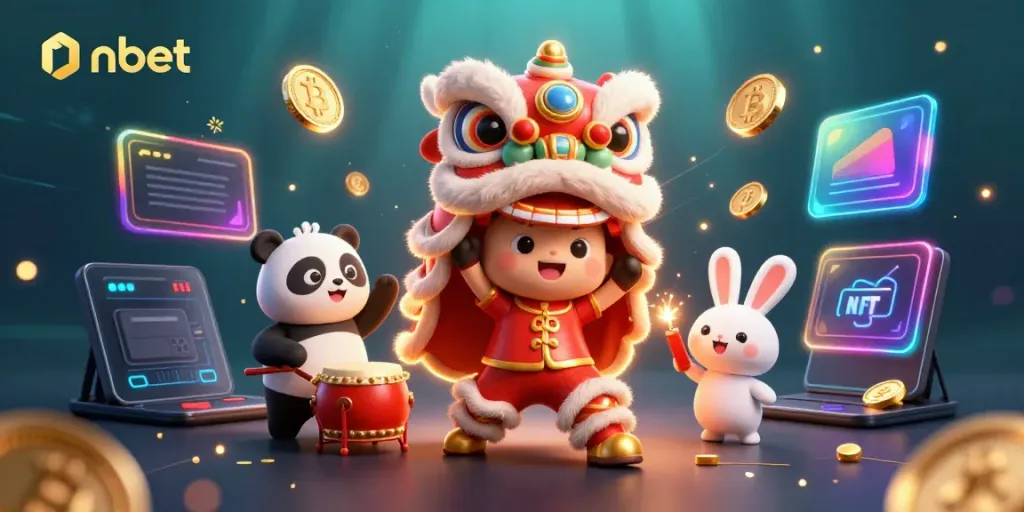 Enjoy a vibrant nbet casino scene with a lion dance, drumming panda, and crypto-themed elements enriching the atmosphere.