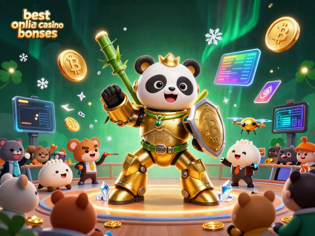 Engage with the best online casino bonuses featuring a mech-suit panda in a vibrant gaming scene.