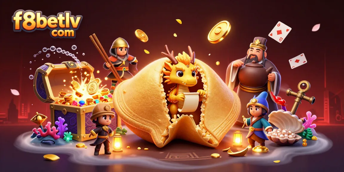 Experience excitement at f8betlv com with a vibrant casino scene featuring a magical fortune cookie and treasure.