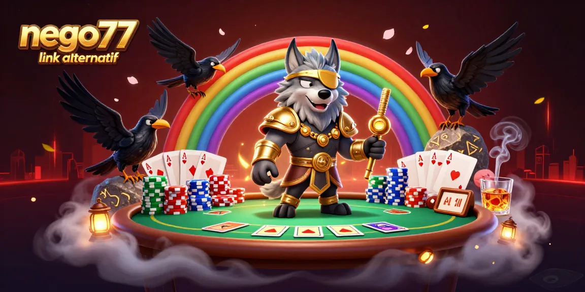 Engage with NEGO77 link alternatif through a rich casino-themed illustration featuring Odin, poker elements, and vibrant details.