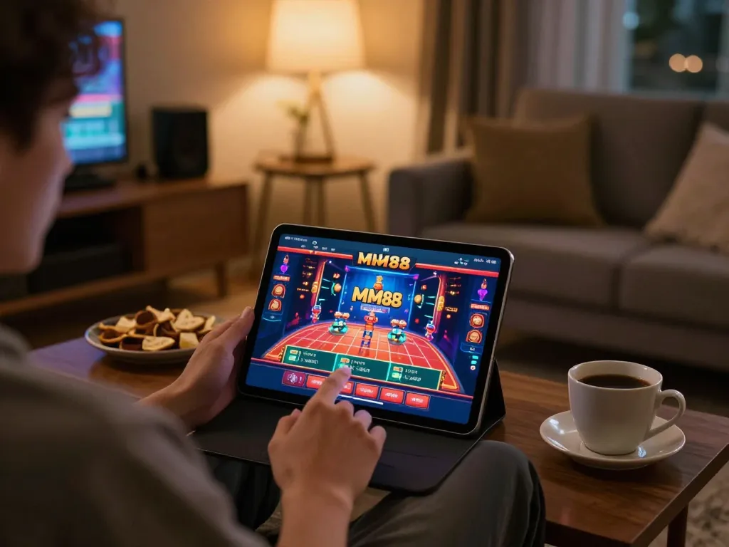 Player engaging with the Trang chủ MM88 app on a tablet, showcasing exciting casino gameplay in a cozy home setting.