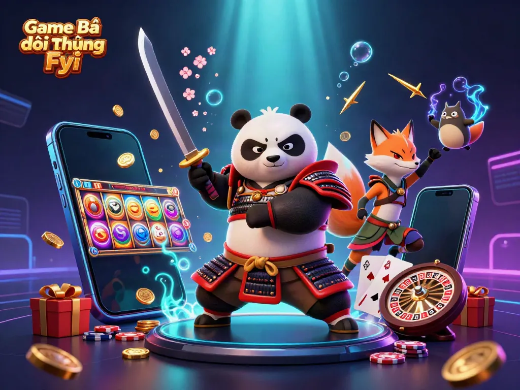Engage in the vibrant world of Game Bài Đổi Thưởng Fyi with animated characters and casino elements.
