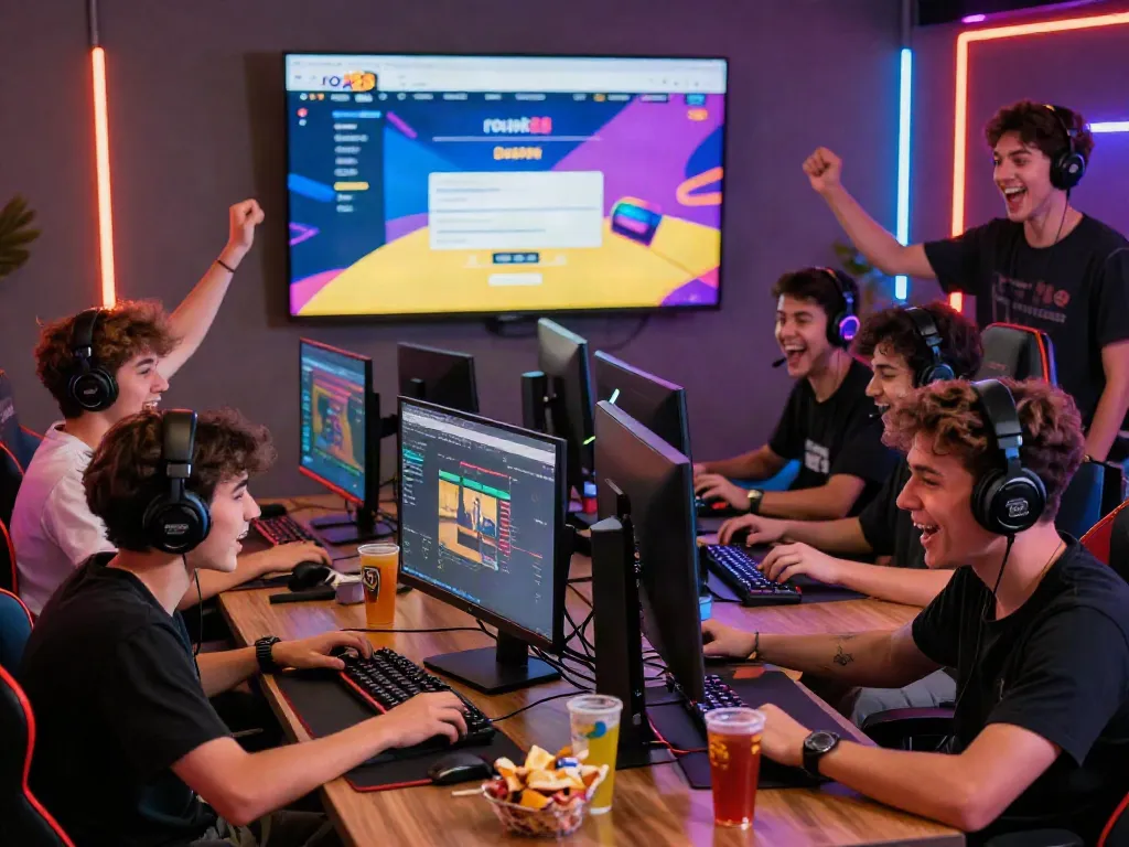 Exciting gaming community scene featuring rokok88 daftar interface, players engaged and enjoying a vibrant atmosphere.
