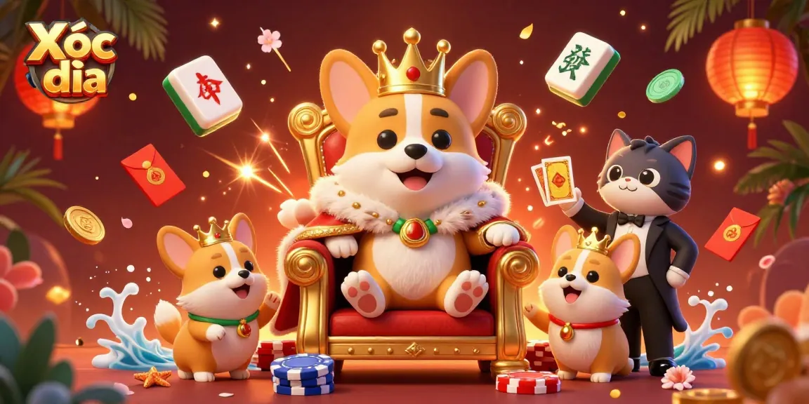 Xóc đĩa showcases an animated royal corgi in a casino scene with dynamic gaming elements.