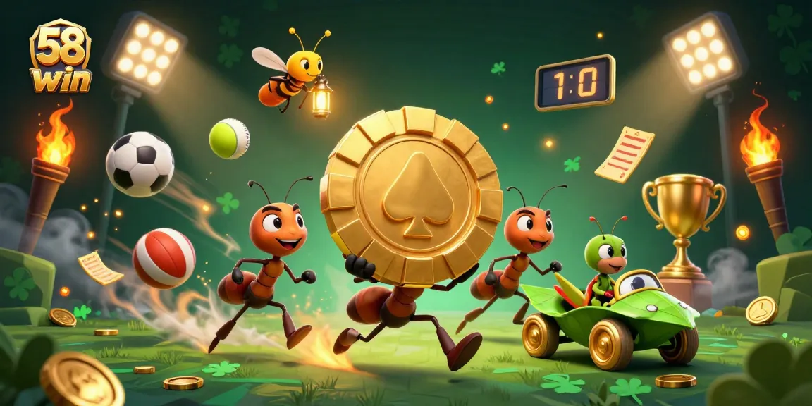 58win showcases a thrilling heist scene with ants, sports elements, and a golden poker chip.