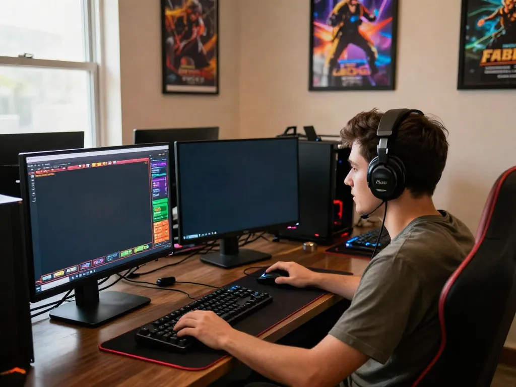 Player engaged in online betting at FABET, surrounded by vibrant screens and gaming gear.