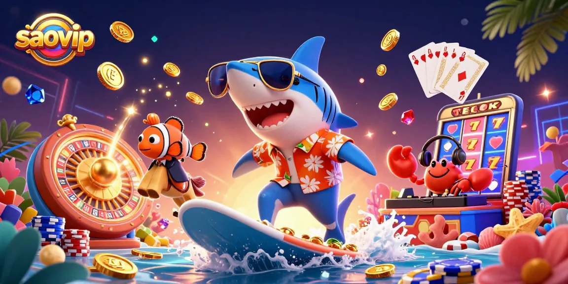 Experience the excitement of saovip with a cartoon hammerhead shark surfing coins amidst vibrant casino elements.
