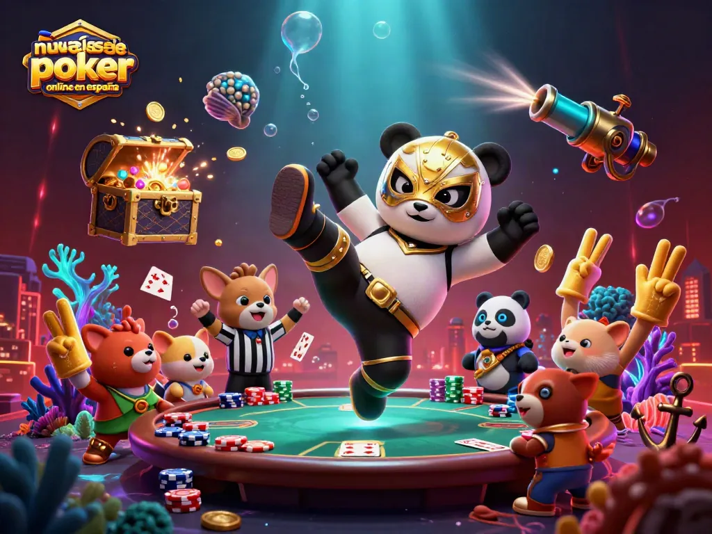 Ilustración de nuevas salas de poker online en España con un panda luchador y un chihuahua árbitro.